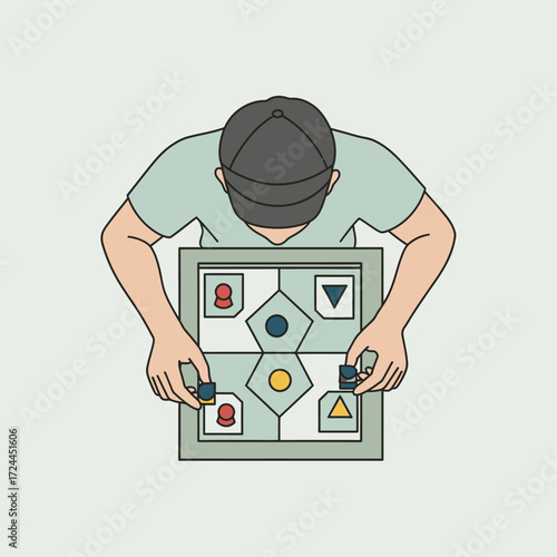 Person playing a tabletop strategy game with colored pieces.