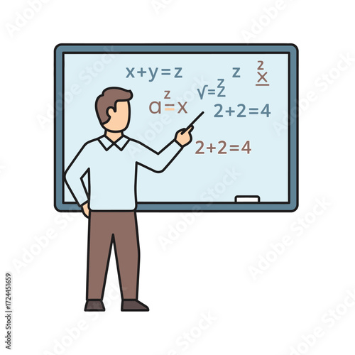 Illustration of a teacher explaining math equations on a blackboard.