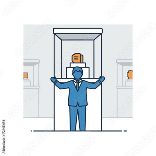 Illustration of a businessman proudly presenting a valuable object inside a glass display case in a museum.