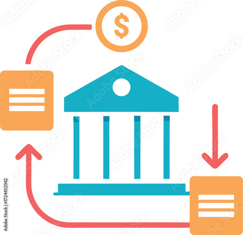 A bank building with a dollar sign and arrows, representing economic activity and financial services.