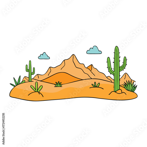 A vast Mexico hot sand desert with golden dunes and striking orange mountains glowing under the sun, creating a dramatic and breathtaking natural landscape.
