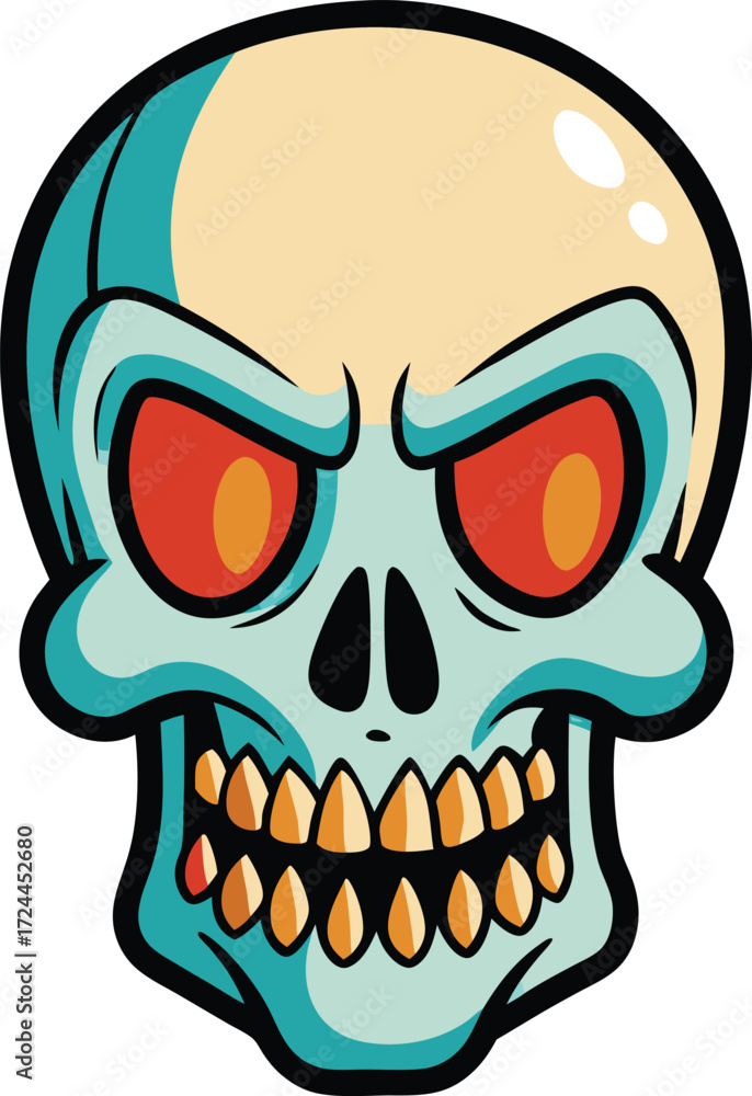 Fototapeta premium Stylized cartoon skull with intense red eyes, illustrating a fun and spooky character often associated with Halloween.