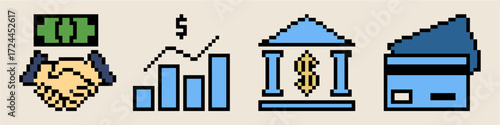 Set pixel finance icon vector for business, accounting, and monetary management. Useful for illustrating a collection of financial tools in a fun, retro, 8-bit aesthetic