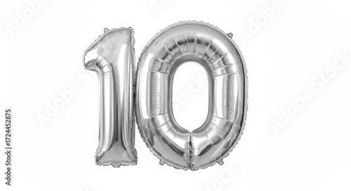 Silver foil number ten balloon, inflated, ready for a celebration.