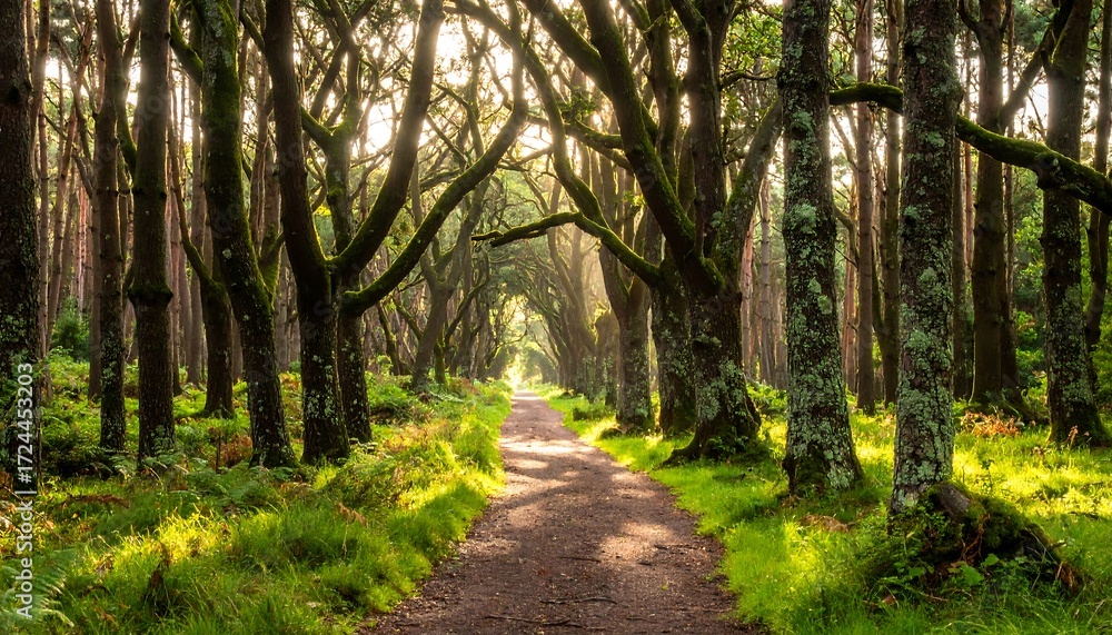 Obraz premium Sunlit path through a dense forest (1)