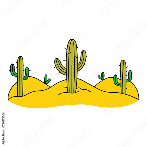 A warm yellow desert scene featuring tall cactus plants under the sun, capturing the dry, arid beauty of the landscape with a touch of calm wilderness charm.
