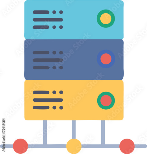 A stack of servers with various colored lights indicating different operational statuses.
