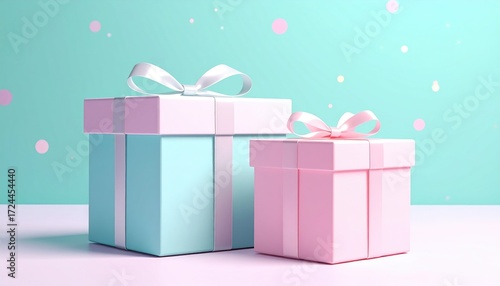 Two pastel gift boxes, one teal and one pink, tied with white ribbons against a minty green background with pink bokeh dots