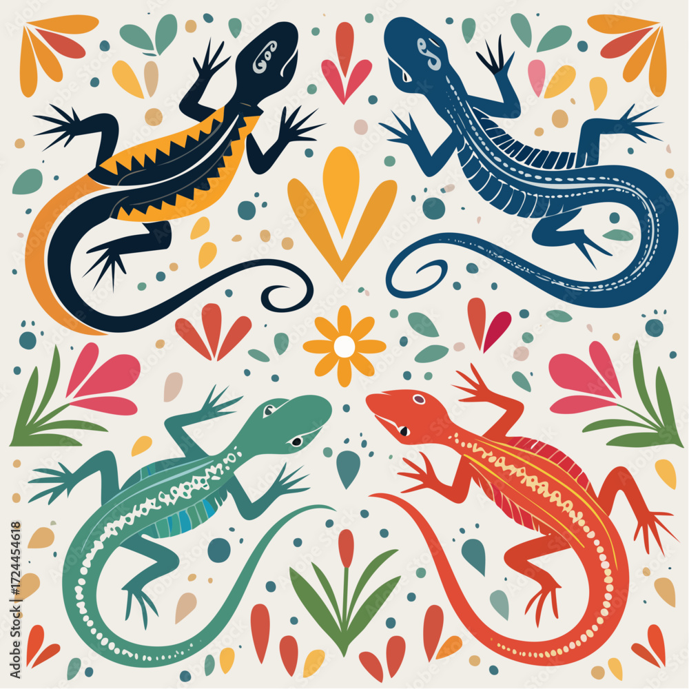 Obraz premium Colorful Lizards and Floral Pattern Artwork