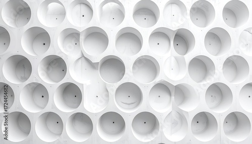 A repeating pattern of white cylindrical indentations create a dynamic and textured surface. Soft shadows create depth and visual interest