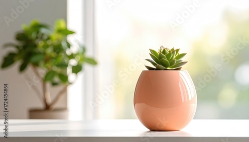 Small succulent in peachy pot sits on white surface near window; green plant blurred in background, soft light