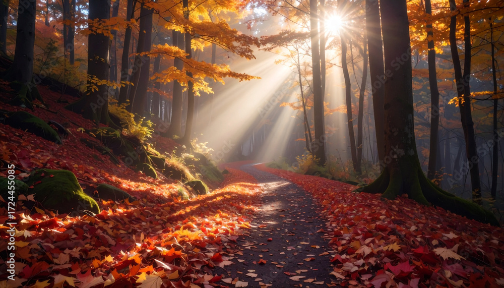 Naklejka premium Autumn Forest Path Sunbeams . Nature Concept. Generated Image