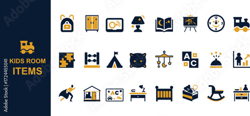 Baby and Kids Room Vector Icons – Nursery Items, Toys, Furniture, Childcare Symbols