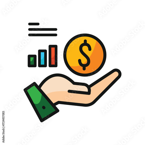 Hand holding a coin with a graph behind it