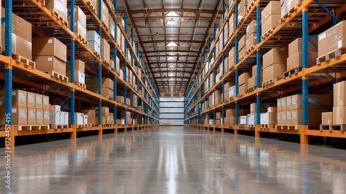 Wallpaper Mural Interior of a modern warehouse with blue metal racking systems, organized inventory, and strategic lighting for optimal visibility. , full ultra HD, high resolution Torontodigital.ca