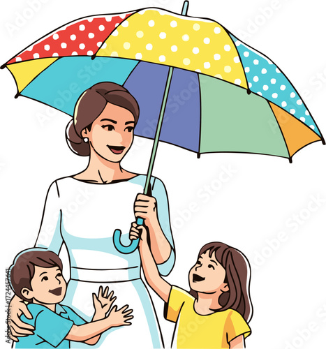 Mother and Children Sharing a Colorful Umbrella, Happy Family Moment Illustration
