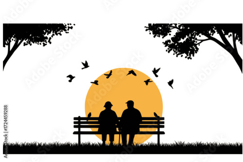 Serene Elderly Couple Silhouette Vector. Park Bench Scene: Holding Hands, Sunset, or Feeding Birds. Peace, Companionship, and Happy Retirement. Golden Years Together.