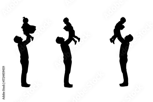 Heart warming Father and Child Silhouette Vectors. Set of Bonding Moments: Father Lifting Child, Holding Hands, Reading Together. Love, Connection, and Family Theme.