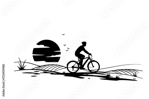 Modern Electric Bicycle Silhouette Vector. Dynamic Person Riding an E-Bike on a Minimalist Landscape. Sustainable Travel and Freedom. Clean Energy Commuting.