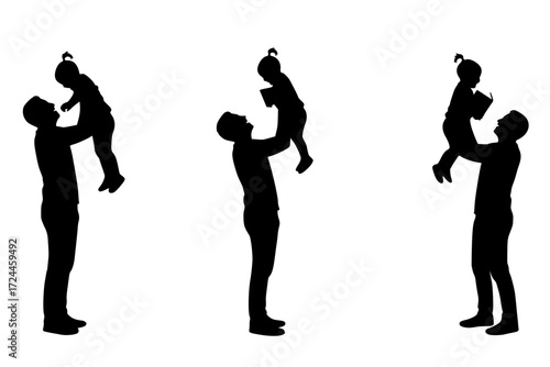 Heart warming Father and Child Silhouette Vectors. Set of Bonding Moments: Father Lifting Child, Holding Hands, Reading Together. Love, Connection, and Family Theme.