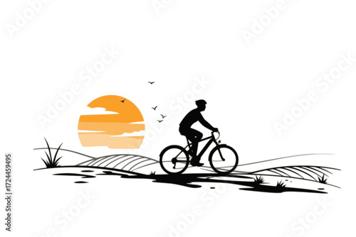 Modern Electric Bicycle Silhouette Vector. Dynamic Person Riding an E-Bike on a Minimalist Landscape. Sustainable Travel and Freedom. Clean Energy Commuting.