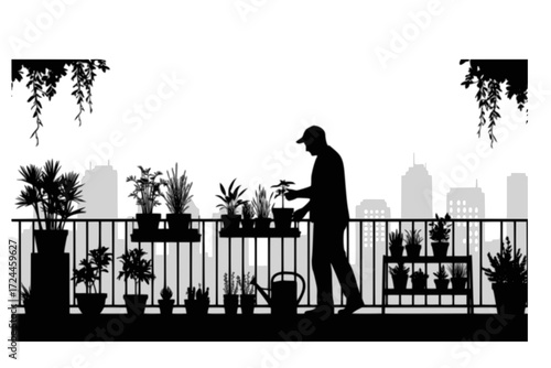 Urban Gardening Silhouette Vector. Person Tending Plants on City Balcony or Rooftop Garden. Green Living in the City. Sustainable Urban Lifestyle with City Skyline.