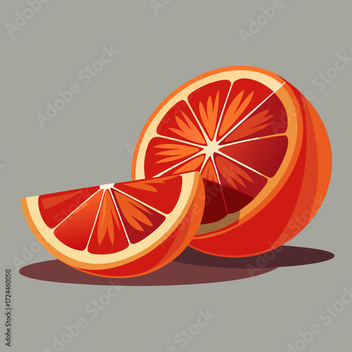 A blood orange cut into wedges, revealing the dramatic deep red flesh against the bright orange peel. Juicy segments, on a light concrete background, vibrant color contrast.