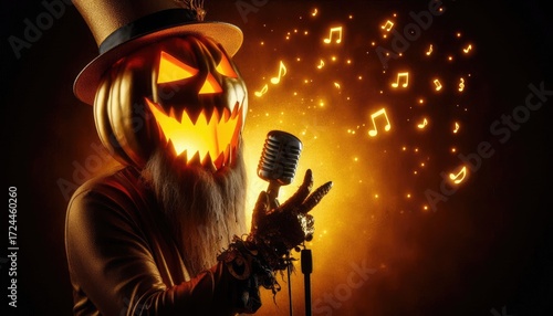 Striking jack-o’-lantern in hat singing into microphone with glowing music notes on dark background. Perfect for Halloween posters, tees, party prints, embodying spooky festive mood