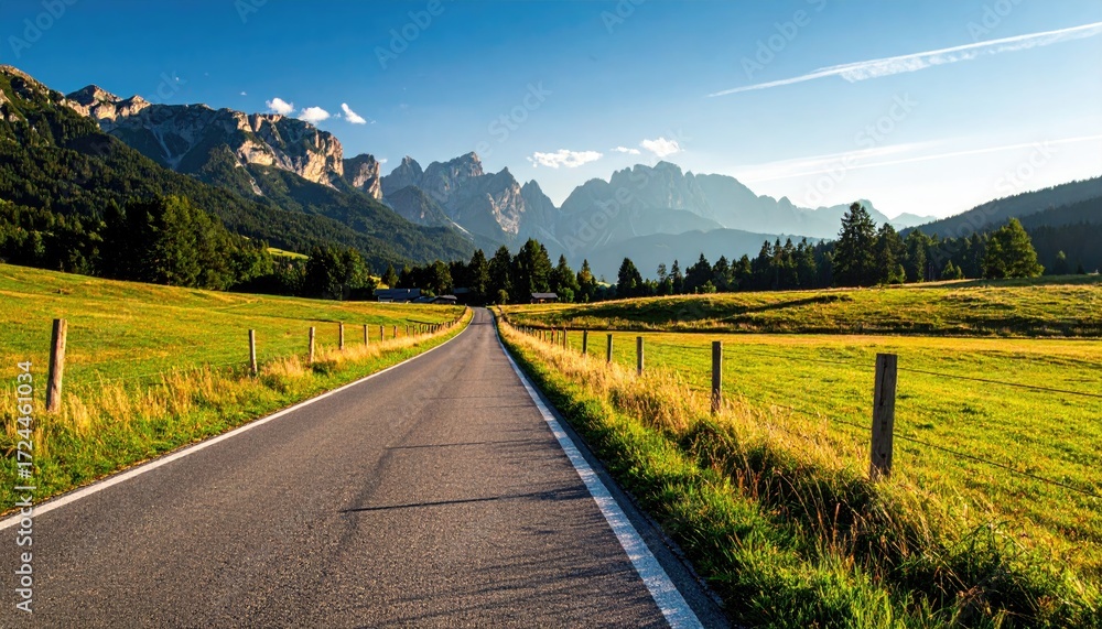 Naklejka premium Straight road leads to distant jagged mountains, bordered by bright green fields under a blue sky with light clouds in the distance