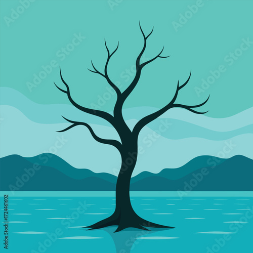 Silhouette of a Bare Tree Against a Teal Sky and Water