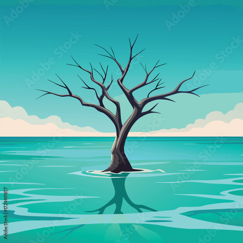 Single bare tree emerges from turquoise water with reflection