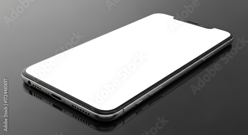 Smartphone with Blank White Screen on Reflective Dark Surface, Close-Up Perspective