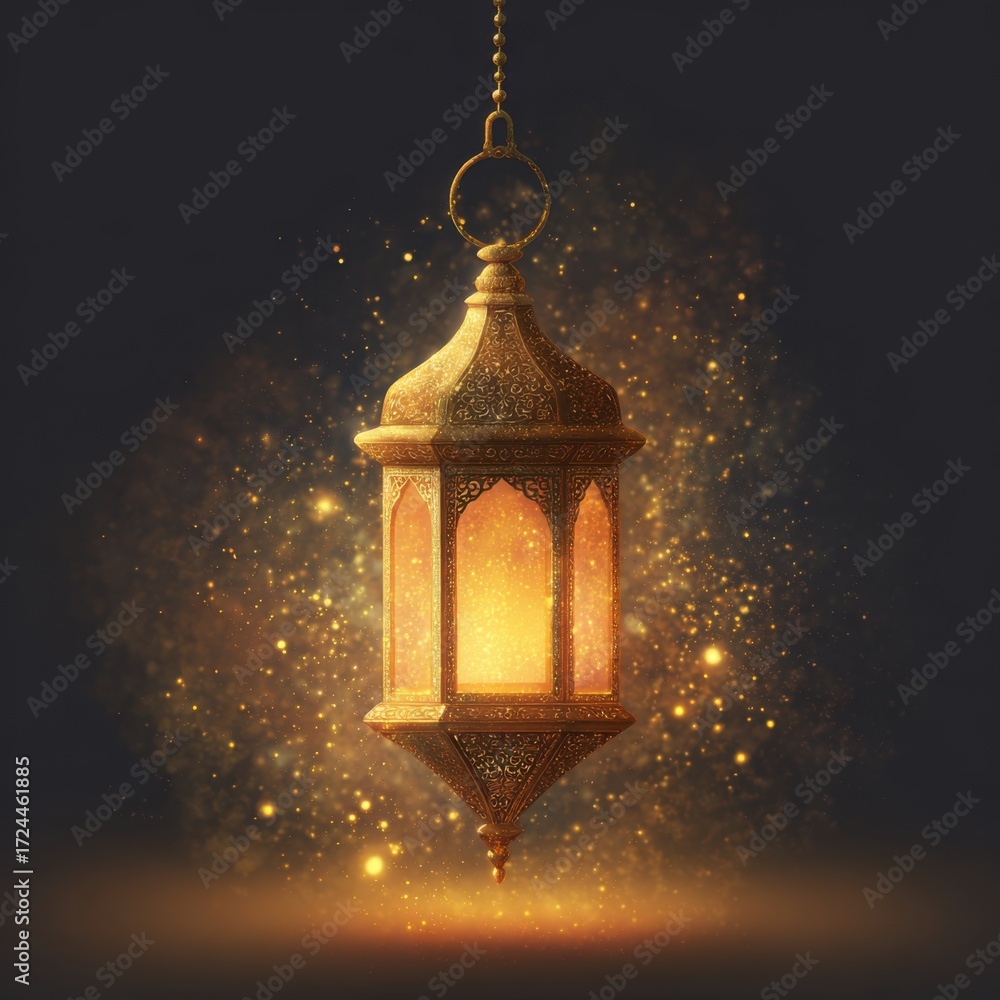 Fototapeta premium Ornate Arabian Lantern Illuminating with Golden Particles and Glow