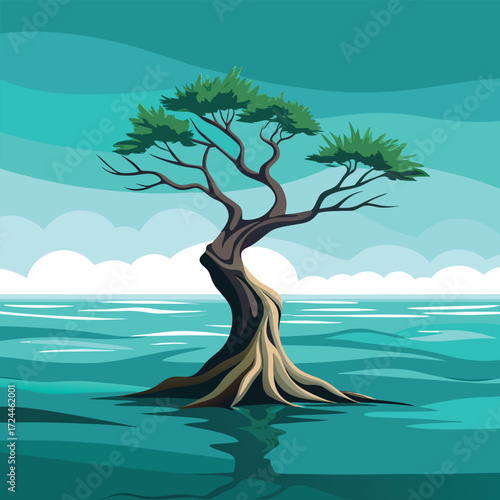 Solitary twisted tree growing in turquoise water gnarled
