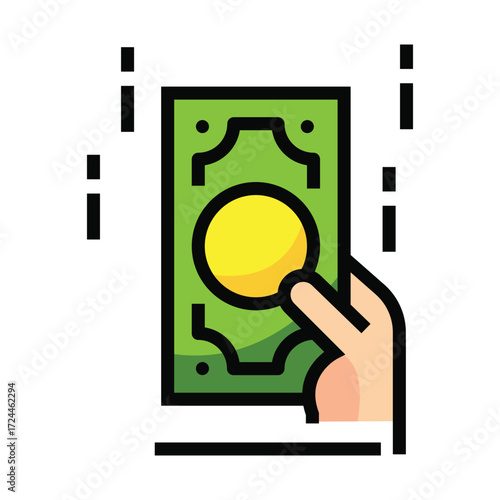 Hand holding a green banknote with a yellow circle