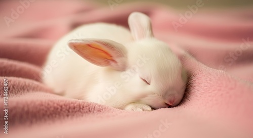 Sleeping white bunny nestled on a soft, pink blanket in gentle light