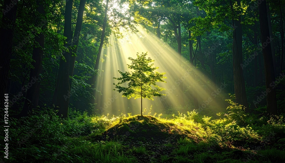 Fototapeta premium Sunbeams cascade through dense green foliage, illuminating a small tree atop a mound in a misty forest clearing