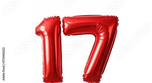 Two red foil balloons form the number seventeen against a white background.