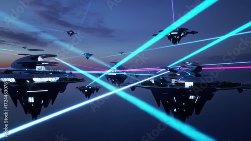 A fleet of advanced alien spaceships engages in a celestial battle, firing powerful laser beams across a twilight sky above futuristic floating platforms
