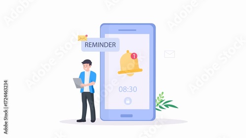 Smartphone with alarm clock reminder message on screen. Alert notification with notification bell. Important reminder. video animation 4k clip