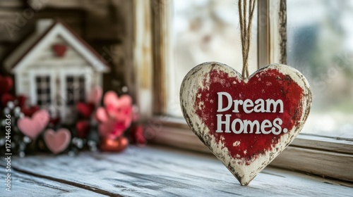 Charming Heart Shaped Sign with Dream Homes Text Near Window