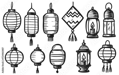 Lantern and Candle Doodle Collection Isolated on Transparent Background, Generative AI