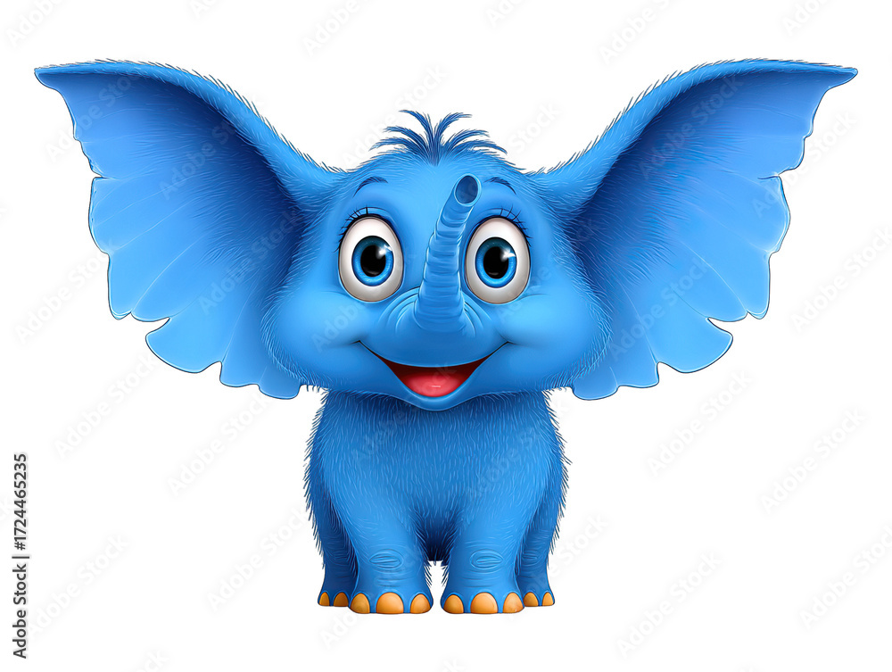 Obraz premium Cute cartoon elephant with big ears and large eyes stands on black background