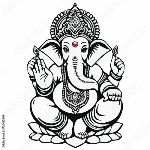 Elegant line art illustration of Lord Ganesha in a meditative pose, perfect for spiritual designs, cultural celebrations, and sophisticated graphic projects