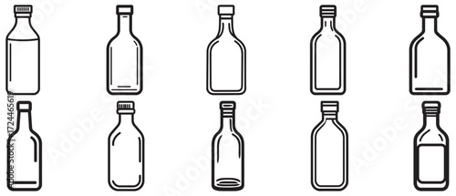 Ten different bottle outlines stand together against a white background in this monochrome drawing