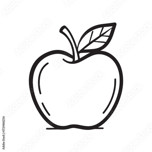 Black outline reveals an apple with a leaf against a white background