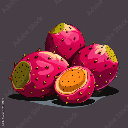 A pile of prickly pear fruits with vibrant magenta skin and glochids, one sliced open to reveal the bright red flesh. On a dark slate background, exotic desert fruit concept.