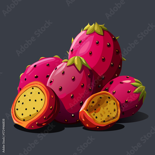 A pile of prickly pear fruits with vibrant magenta skin and glochids, one sliced open to reveal the bright red flesh. On a dark slate background, exotic desert fruit concept.