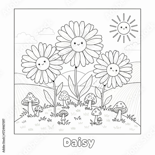 Cute Daisy Flowers and Mushrooms Coloring Page