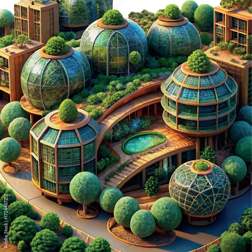 Futuristic Green City: An architectural marvel of eco-conscious living, showcasing sleek, sustainable building designs with lush green domes and verdant surroundings.